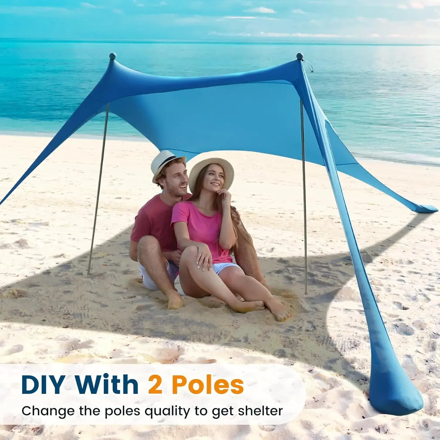 خيمة شاطئ مقاس 10 × 10 UV50+ مع أكياس رمل وأعمدة وحصوات وحبال رياح للحماية الخارجية