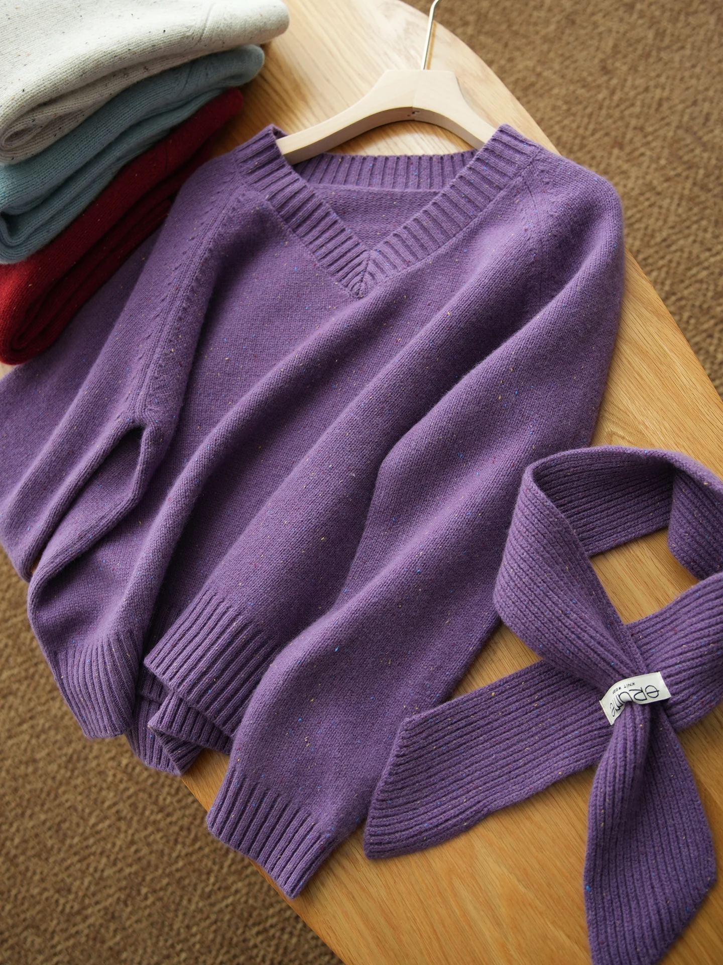 women's-v-neck-sweater-scarf-two-piece-set-winter-style-double-knit-casual-loose-fit-soft-wool-long-sleeve-short-length