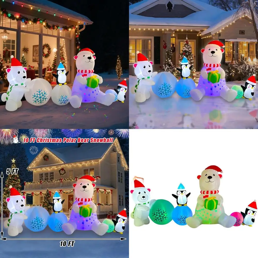 

10 Foot Long Christmas Polar Bear with Snowball and Penguin, LED Lighted Inflatable Outdoor Holiday Decor