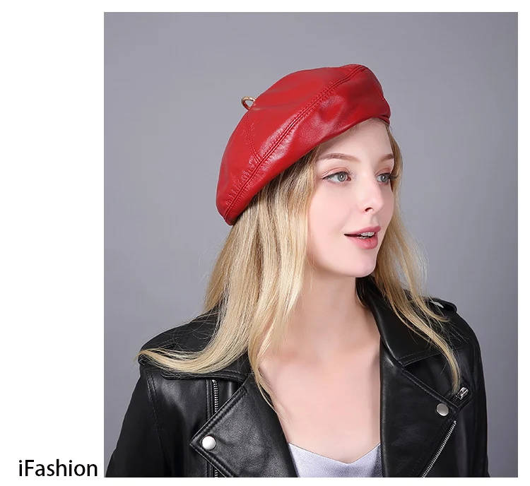 2025 frühling 100% Echt Leder Baskenmütze Hut Frauen Mode Europäischen Kürbis Maler Kappen Weibliche Regenbogen Farbe Weiß/Rot – Detail 5