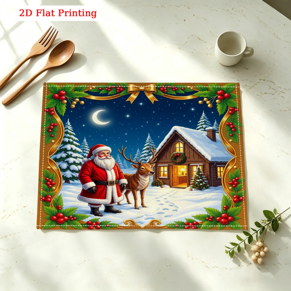 Santa Claus Winter Scene Print Kitchen Placemat Coaster Linen Pad Dish Coffee Cup Table Mat 30x40cm Home Decor