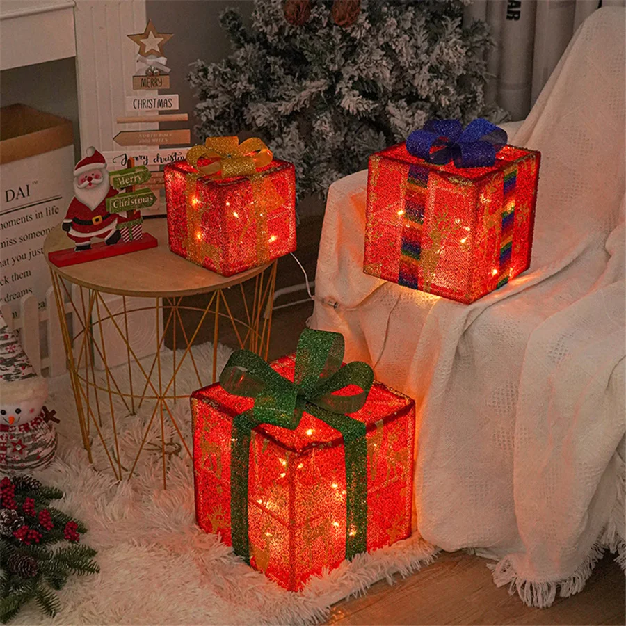 Creative 3Pcs Christmas Gift Box Lights Battery Operated 8 Modes Remote Control Fairy Light Garland for New Year Christmas Decor