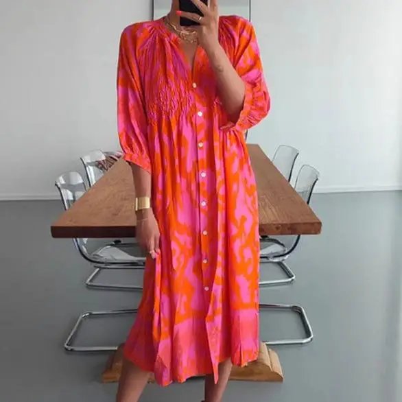 Nowa, luźna, długa spódnica z wysokim stanem, nieregularnym krojem, z kołnierzykiem zapinanym na guziki, z nadrukiem cyfrowym, wykonana z poliestru, idealna na lato, damska, pojedyncza sztuka, model 2025.