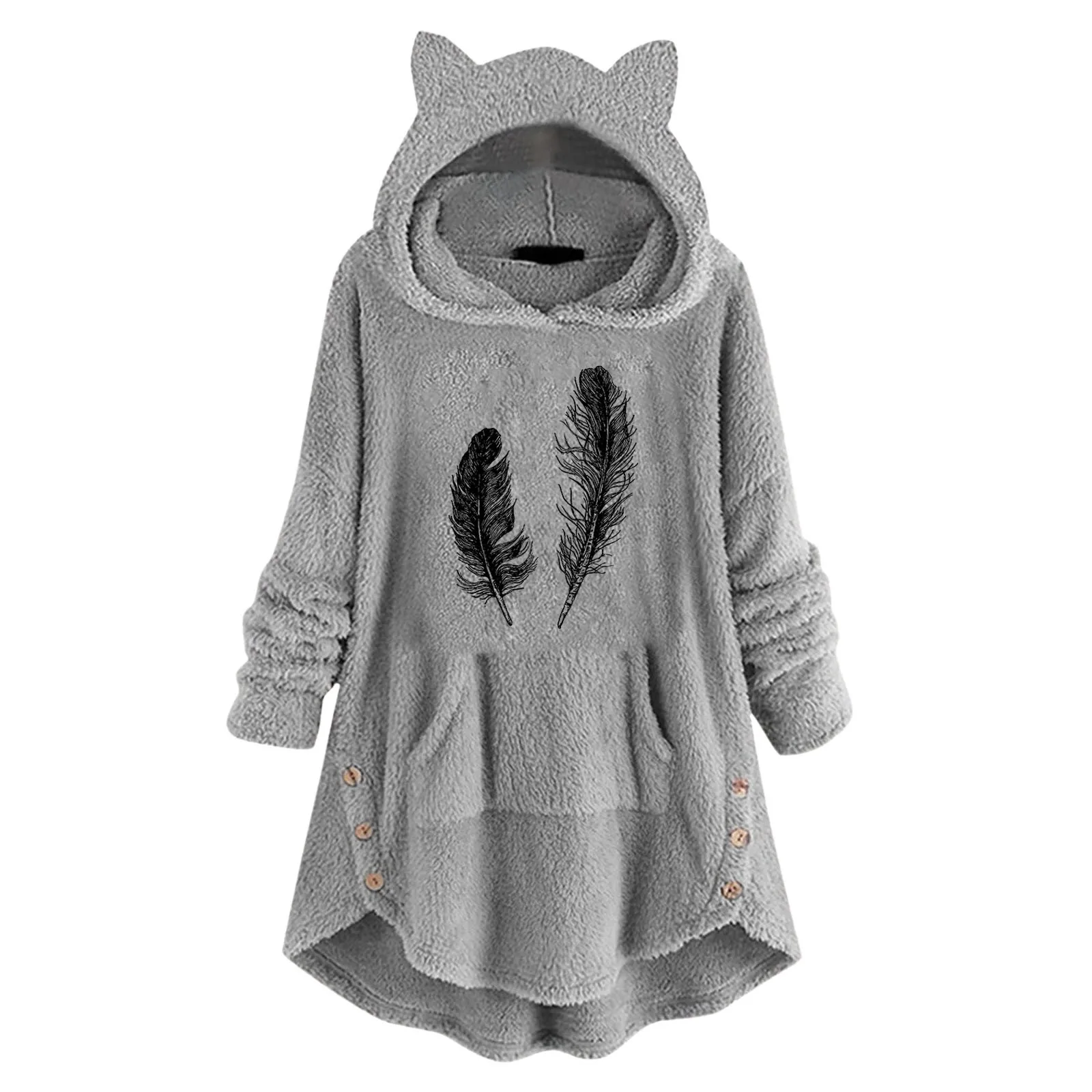 Women Feather Print Long Hoodie Warm Fleece Fluffy Pullover Kawaii Cat Ear Hooded Top Comfortable Loose Long Sleeve Sweatshirt