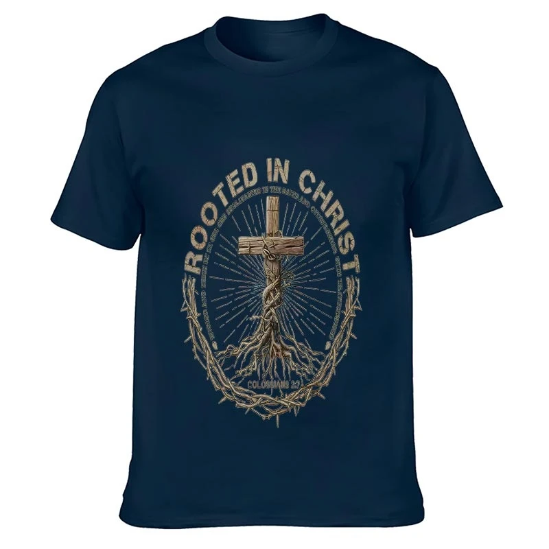 Men Women T-Shirt Rooted In Christ Wooden Cross Thorn Root Bible Verse Graphic Tee Vintage Casual Short Sleeve Church Faith Gift