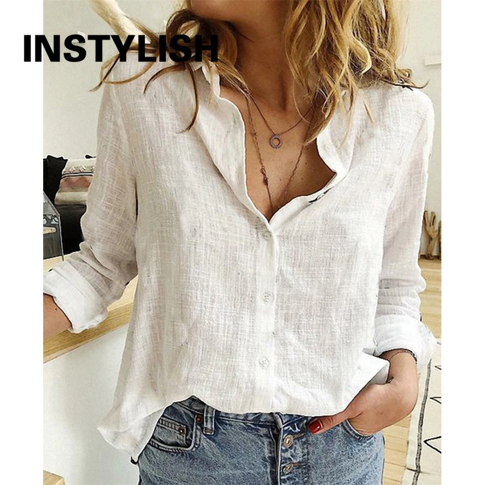 Women Casual Long Sleeve Cotton Linen Shirt Elegant Solid Cardigans Autumn Button Lapel Shirt Loose Oversized Blouse Tunics