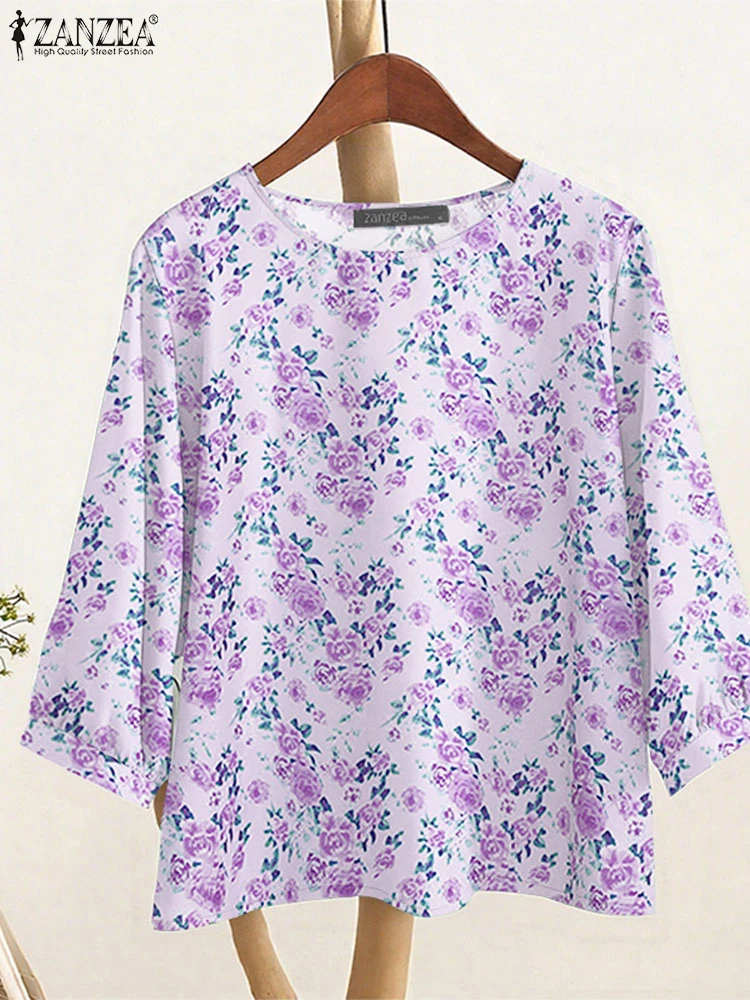 ZANZEA 2025 Autunno Donna Camicette Casual Alto-Basso Abbigliamento da giorno Stampa floreale T-shirt Leggero Manica 3/4 O-Collo Blusas Mujer