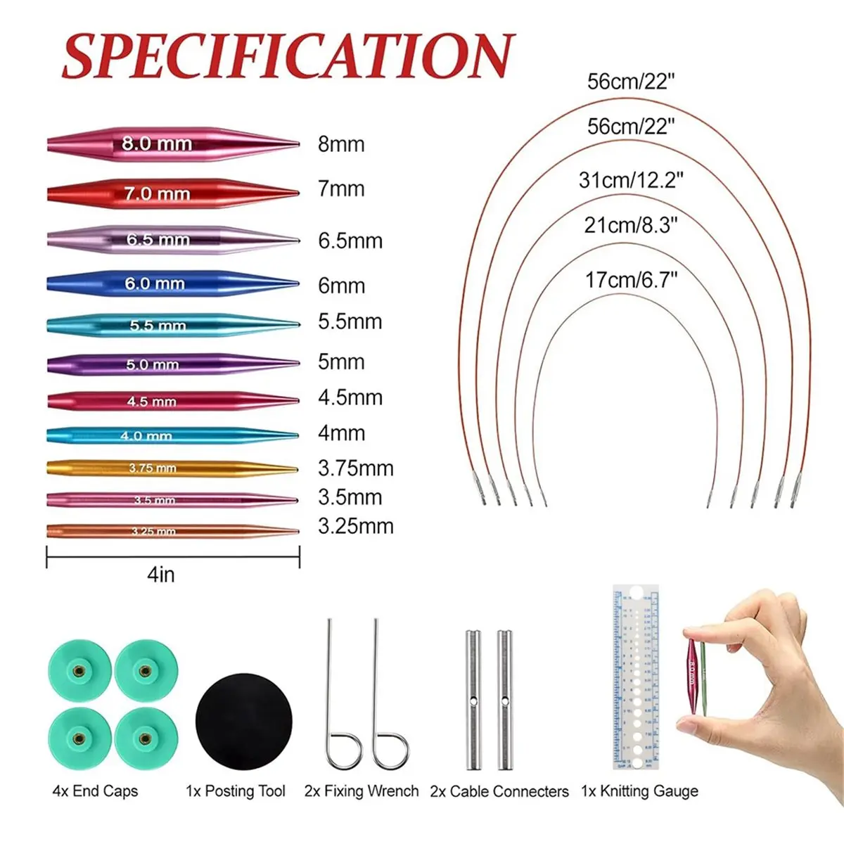Conjunto curto de agulhas de tricô intercambiáveis, kit de agulhas de tricô circulares de metal de 2 polegadas para iniciantes, 12 pares