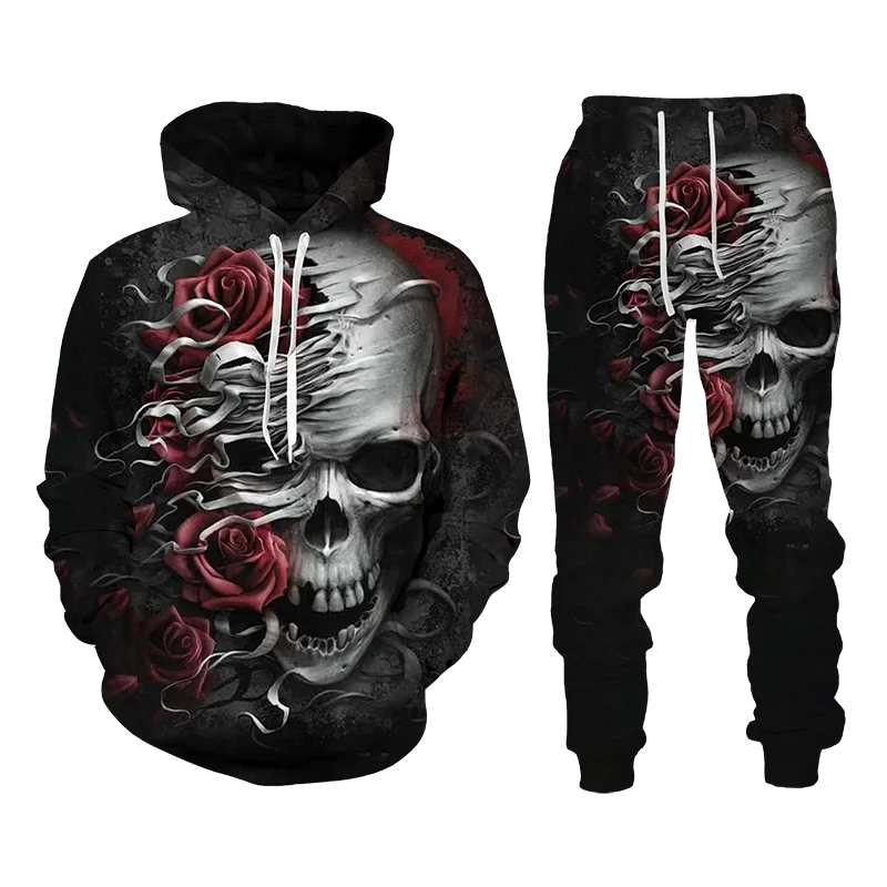 Skull 3D Print Men Punk Hoodie Suit Tracksuit/Pants Goth Skeletons Pullover Casual Streetwear Oversize Autumn Winter Hot-selling