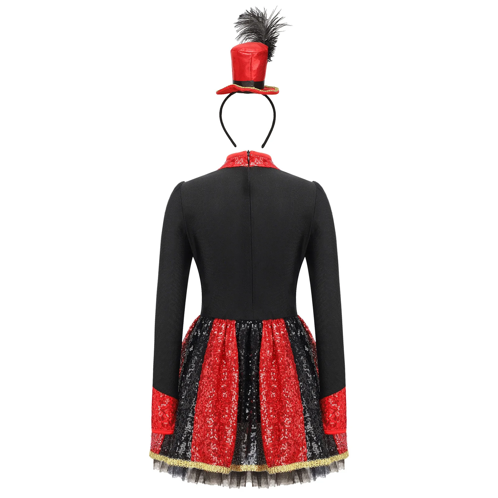 2Pcs Girls Halloween Circus Cosplay Costume Shiny Sequins Long Sleeve Bow Tie Back Color Block Puffy Dress and Top Hat Headband