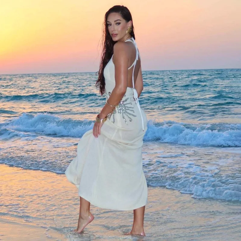 타르시 딥 V넥 백리스 맥시 드레스 여성 섹시 시퀸 슬링 니트 드레스 우아한 여성 여름 휴가 비치웨어 드레스