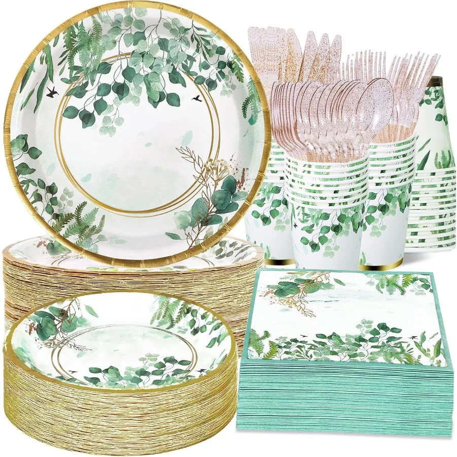 

350 Pcs Sage Green Plates and Napkins Party Supplies for BohoThemed Events: EcoFriendly Eucalyptus Paper Plates Cups and Napkin