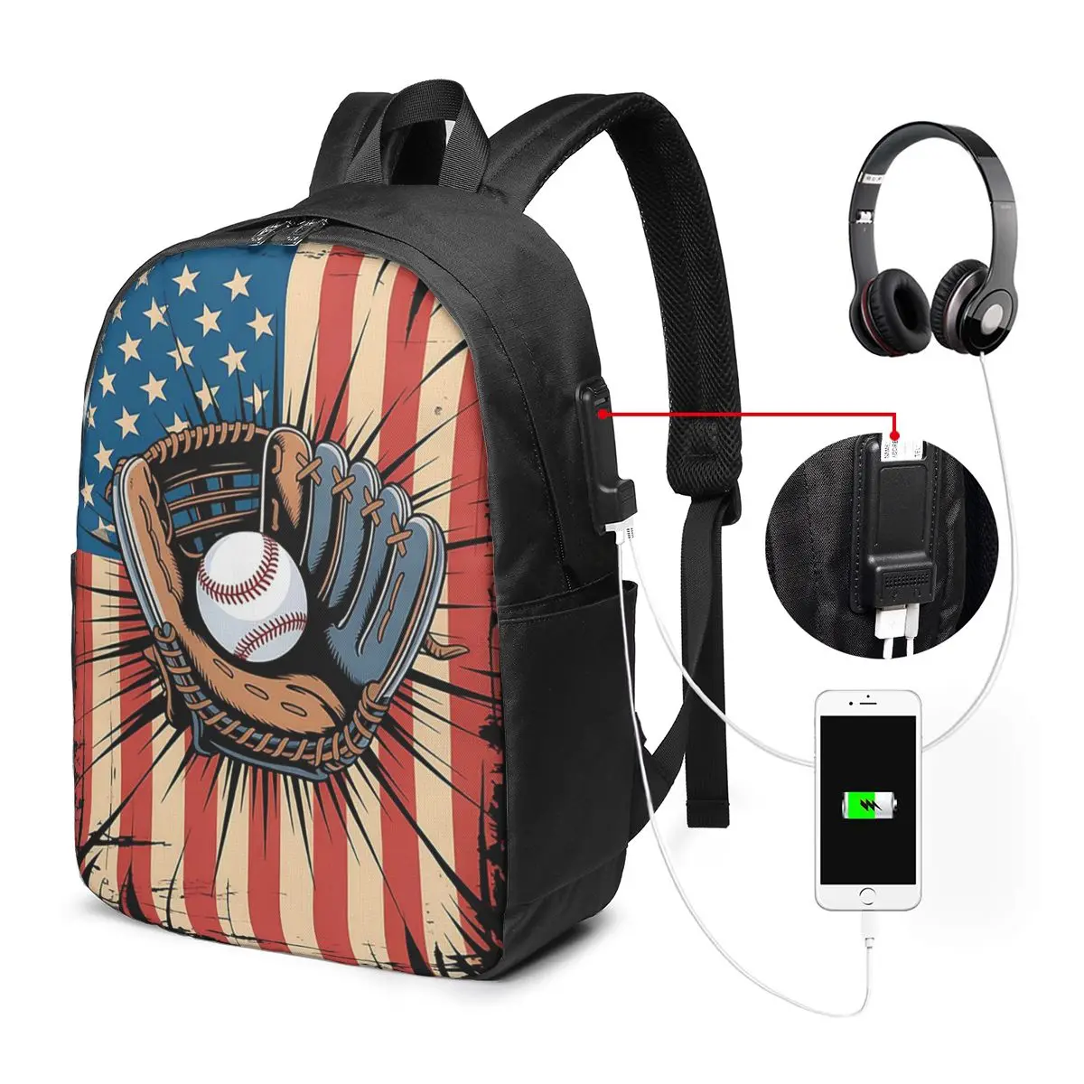 American Flag Baseball Glove And Ball Backpack Travel Notebook Bag Computer College Student School Bag Laptop Shoulder Bags