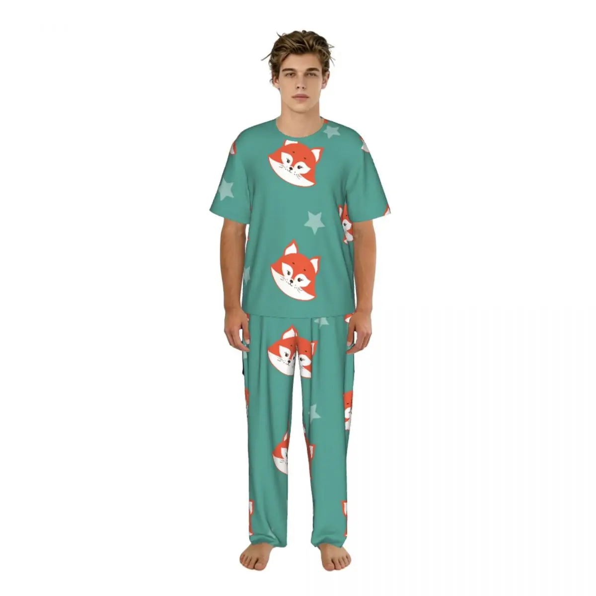Sleepwear Summer Spring Home Clothes Cute Fox Heads And Stars Short Sleeve Long Pant Nightwear