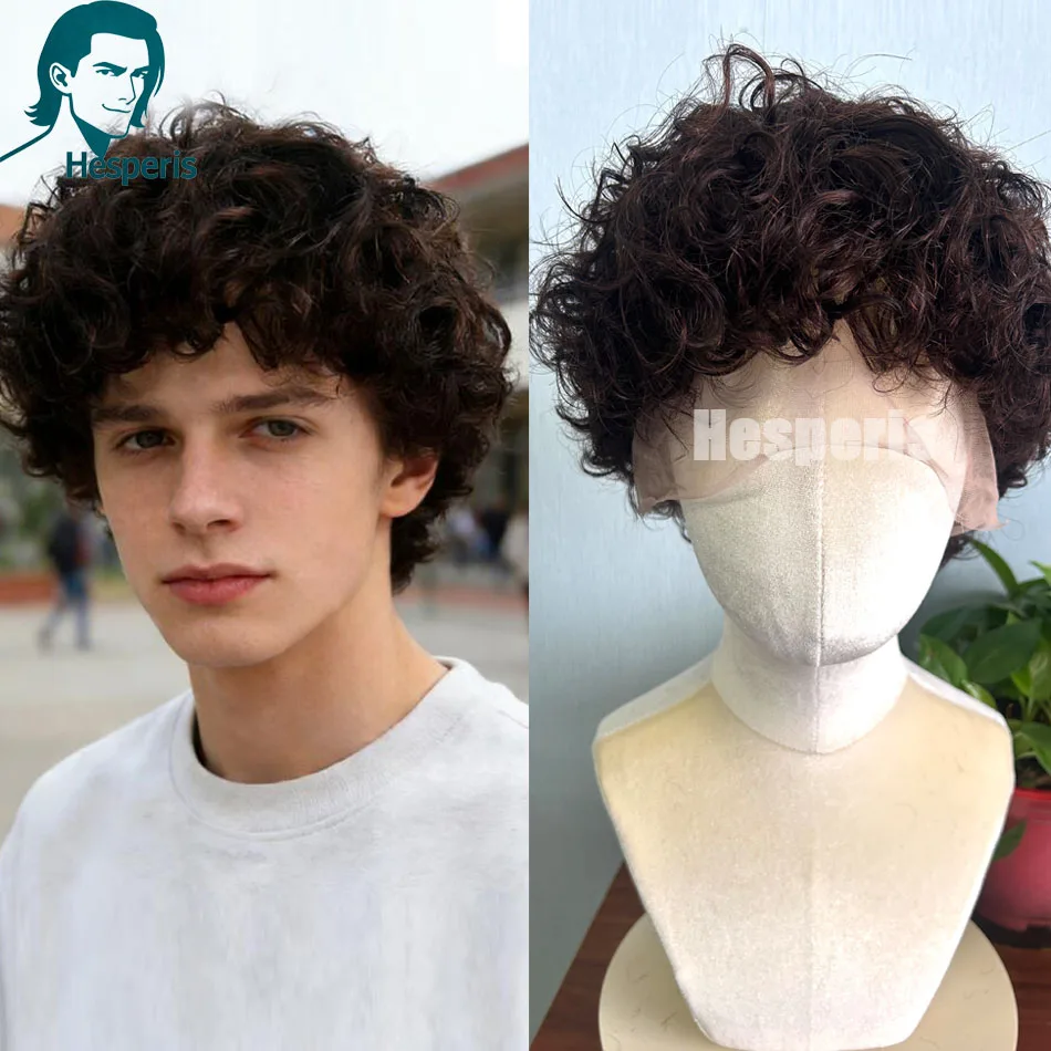 Hesperis Full Lace Wig for Men #3 Brown Curly Pixie Cut with Bangs Brazilian Remy Human Hair Short Male Wig Pre Styled Cospaly