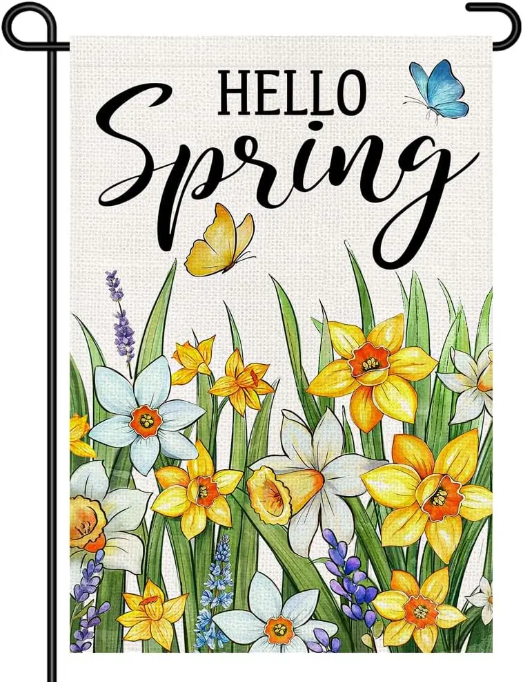 Hello Spring Garden Flag 12x18 Inch Small, Daffodil Flower Floral Burlap Yard Flag Double Sided Spring Outdoor Porch Patio W ZZM
