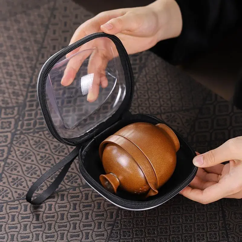

Rough pottery Ru Kiln quick cup a pot of three cups with portable outdoor-to-door travel kung fu tea set home gift tea pot