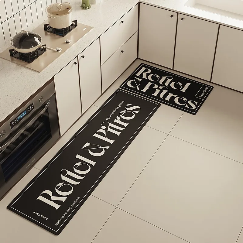 

Kitchen Floor Mats Waterproof Oil-proof Non-slip Carpet PVC Leather Wash-free Rugs Minimalist Line Text Foot Mat Alfombra 주방 카펫