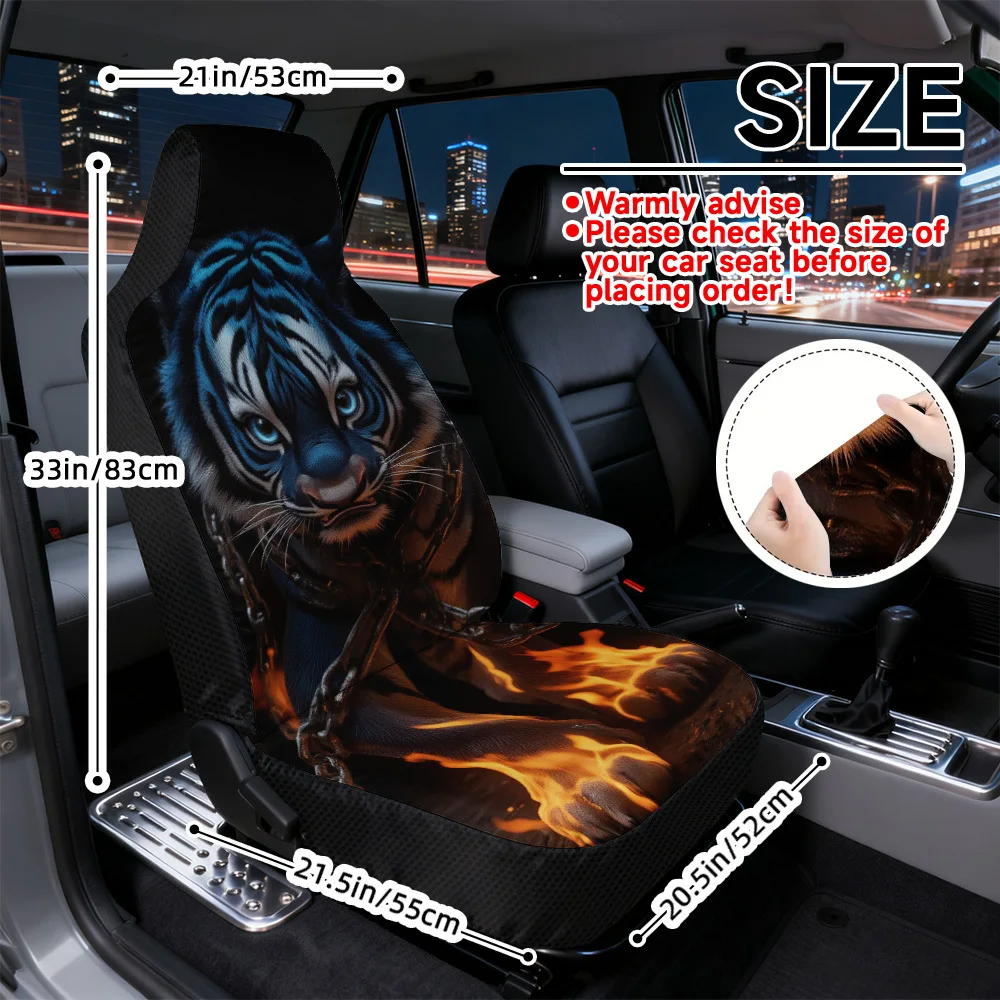 2D Flat Printing, 2pcs, Stylish Fiery Blue Tiger Design Front Seat Covers, Upgrades Car Interior With Front Seat Transformation,
