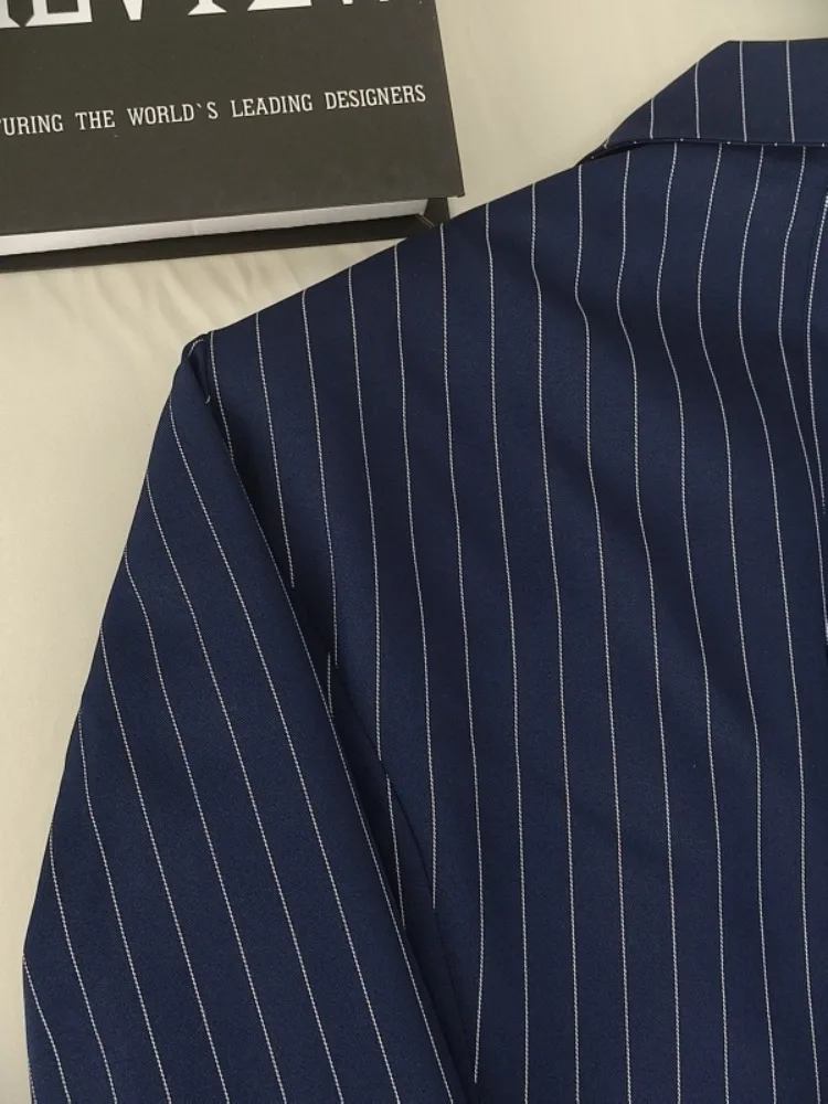 سترة UOOZEE النسائية المخططة باللون الأزرق الداكن مزدوجة الصدر وأكمام طويلة وفضفاضة وأزرار أنيقة بدلة مكتب الأعمال #5