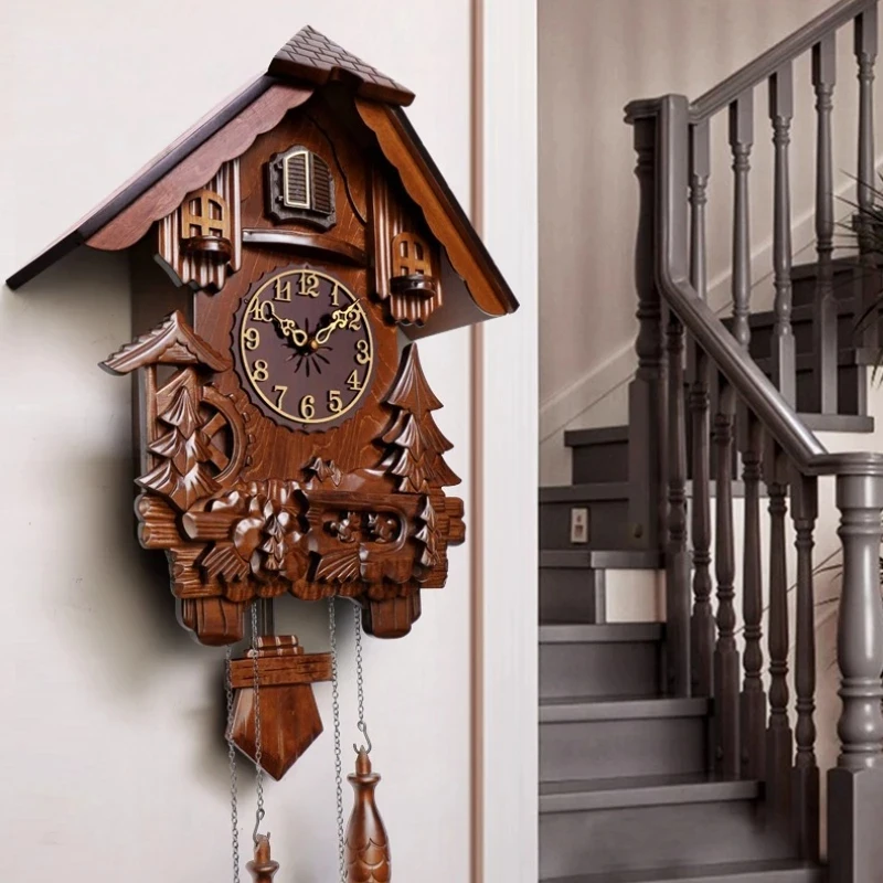 Han Dynasty Style For Living Room Home Decoration Solid Wood Children'S Time Telling Bird Wall Cuckoo Clock