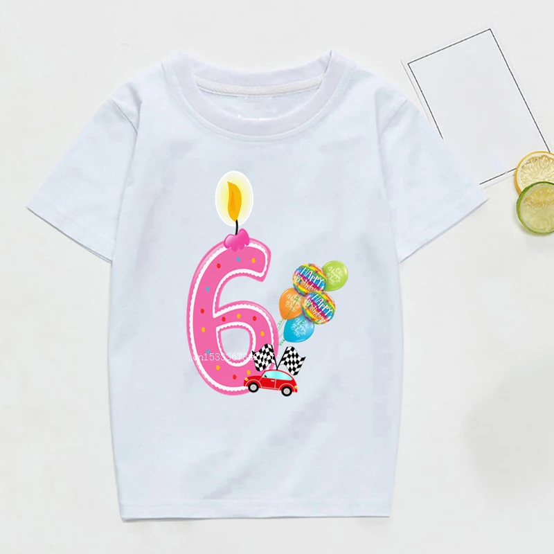 Kids Cartoon Car 1-9 Birthday Number Print T Shirt Children Birthday Balloon T-shirts Boy&Girl Funny Gift Tshirt Present