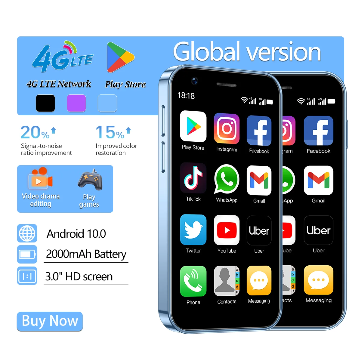 Ultra compact SOYES XS16 4G LTE phone, 3GB+64GB small Android smartphone, mini dual SIM card phone for backup, supports WhatsApp