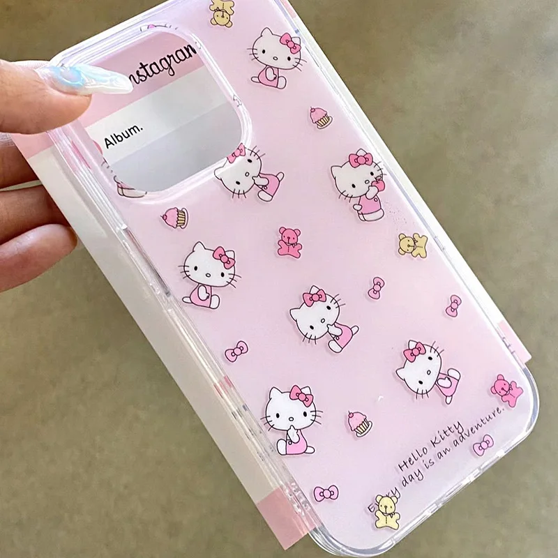 Cute Pink Cartoon Hello Kitty Cat Bracket Anti-drop Phone Case For iPhone 13 12 14 15 Pro Max Luxury Soft Protect Cover image 3