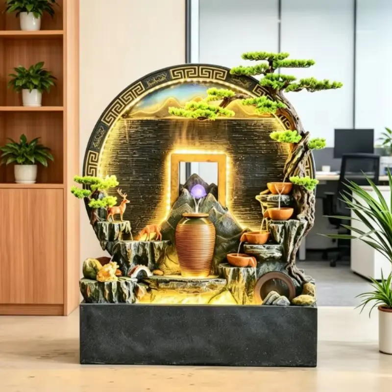 Large Standing Landscape Rockery Decor Ornament Circular Frame Pine Tree Accent Indoor Living Room Partition Display Craft