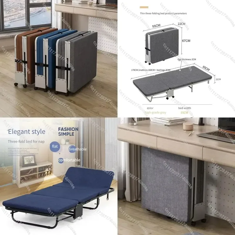 Tri Folding Metal Frame Single Bed with Mattress Portable Adjustable Hardboard Foldable Camping Bed for Outdoor Travel Guest