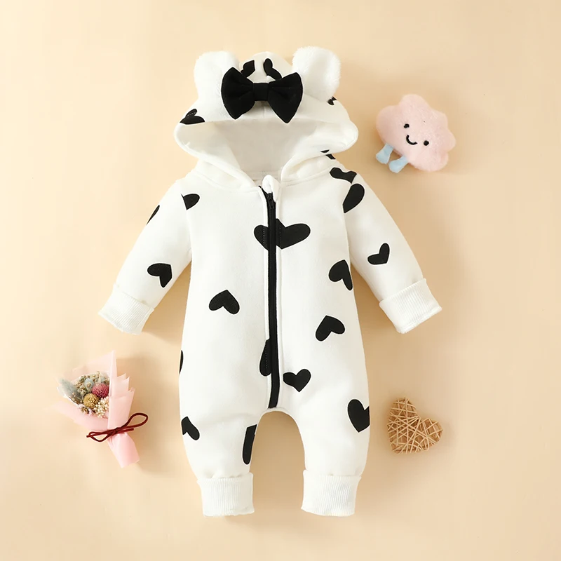 Baby Jumpsuit Newborn Infant Boys Girl Soft Warm Long Sleeve Hooded Heart/Cow Pattern Bow Zipped Romper Casual Winter Clothes