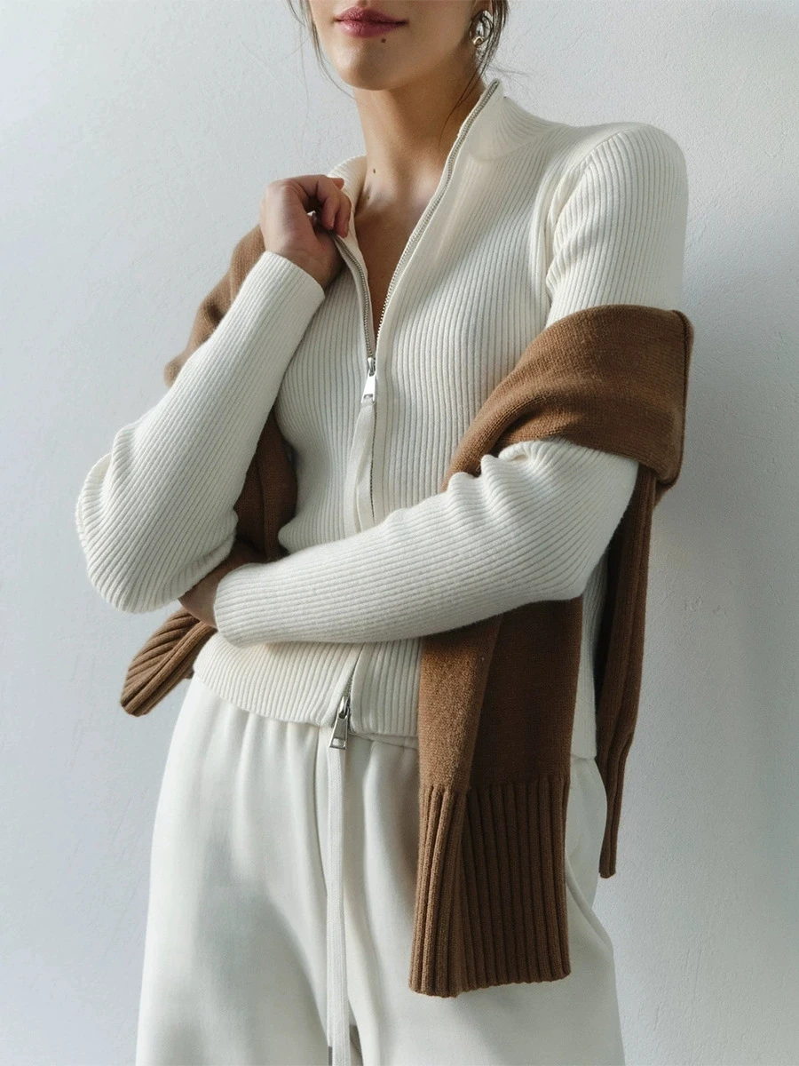 

Fashion Autumn New Women's Stand Collar High Quality Sweaters Slim Fit Long Sleeve Double Zipper Knit Cardigan Cozy Outerwear