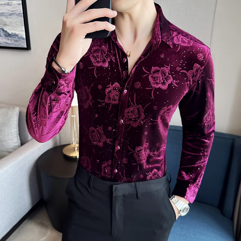 Men\'s Long Sleeve Velvet Flower Shirt New Luxury Printed Business Casual  Dress Shirts Formal Social Party Turn Down Collar Tops