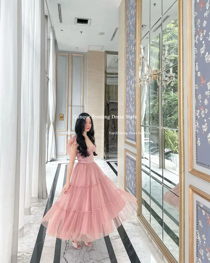 Qunque Straps Tulle Formal Prom Dresses Customized Skirt Ruched A Line Evening Gowns فساتين سهرة Women Cocktail Robes De Soirée