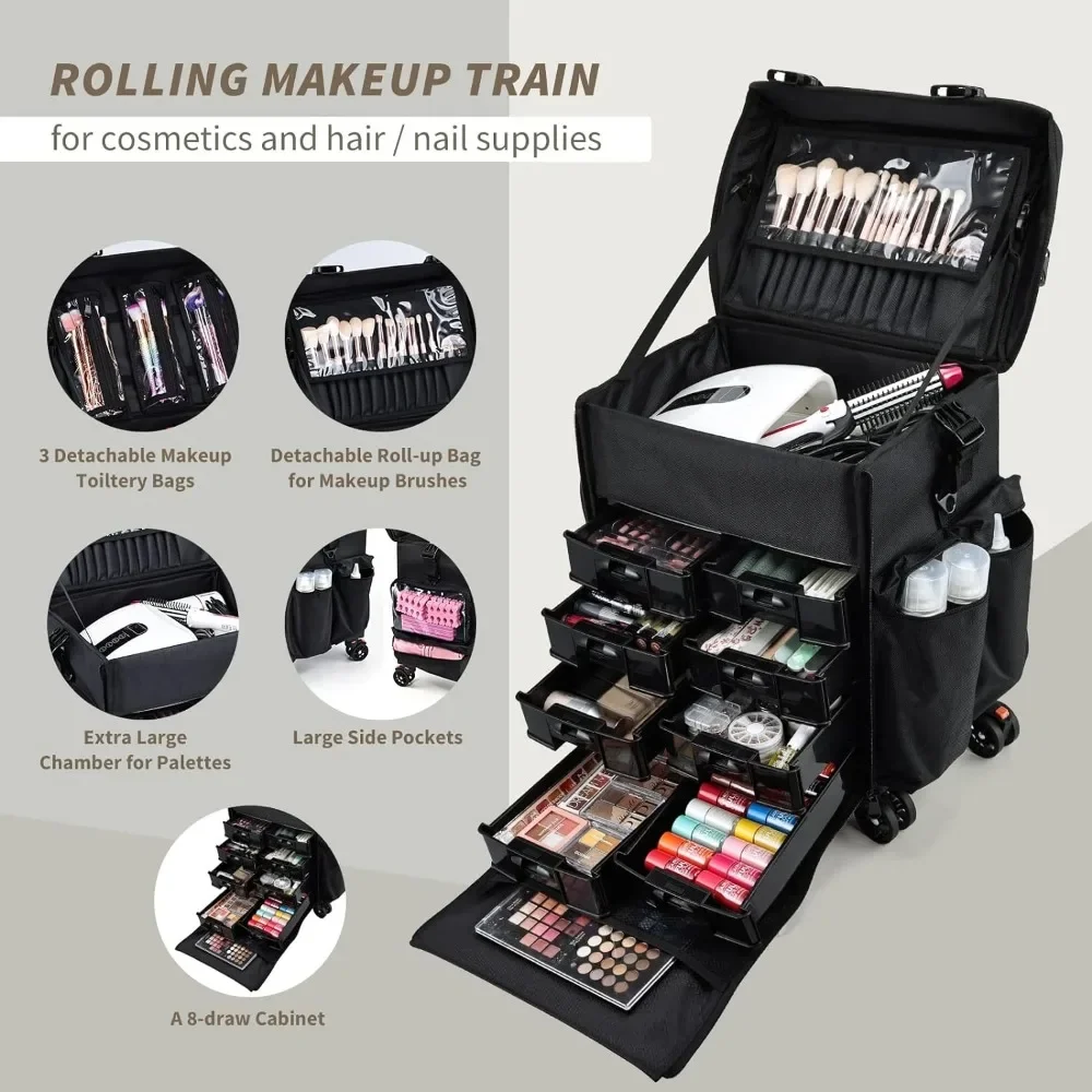 Costravio Professional Makeup Case, 2in1 Travel Makeup Rolling Case Soft Sided Cosmetology Train Case with Wheels Makeup Artist