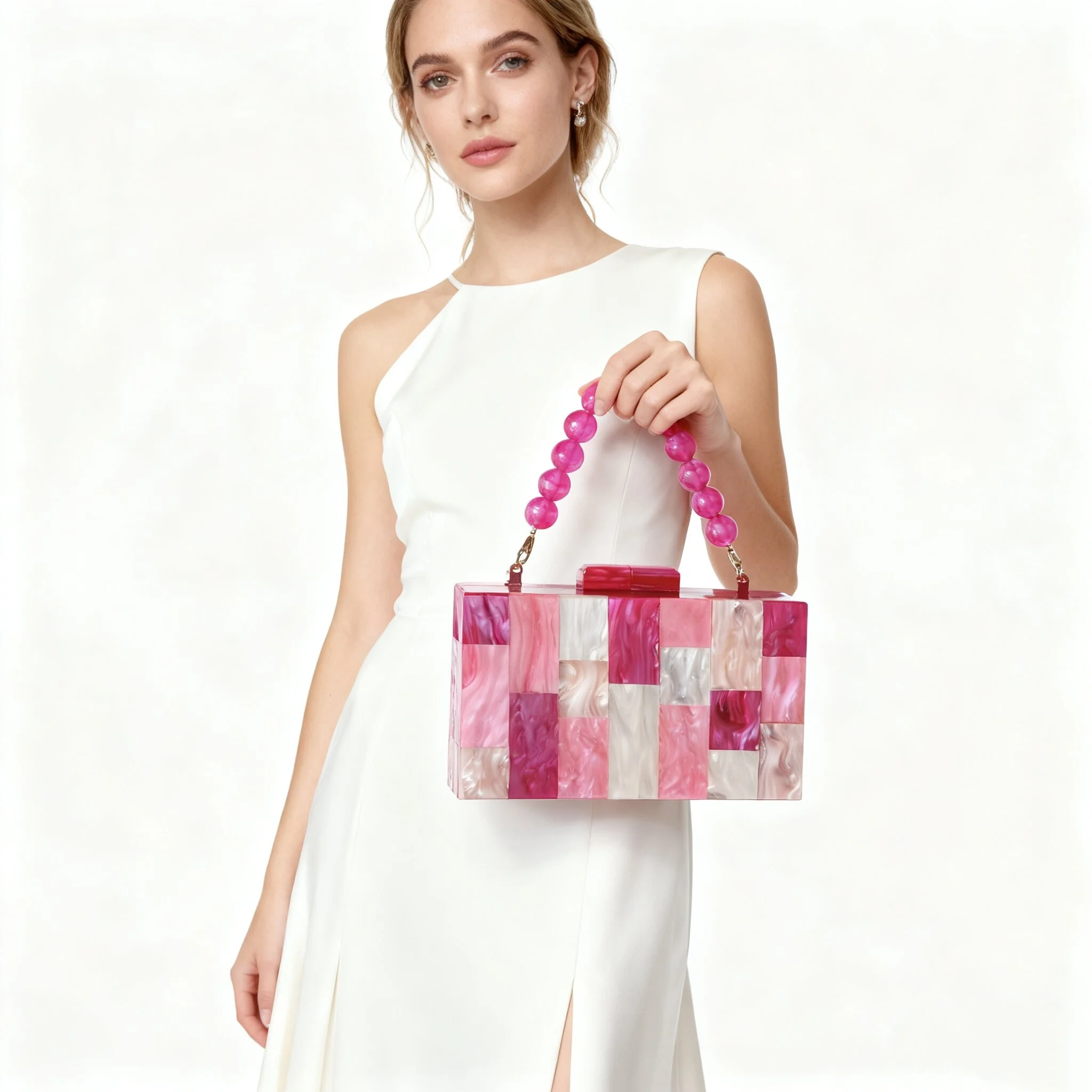 

Women Shoulder Bag Rose Red Luxury Plaid Acrylic Evening Box Clutch Flap Lady Mini Summer Beach Gift Wedding Wallet Party Purse