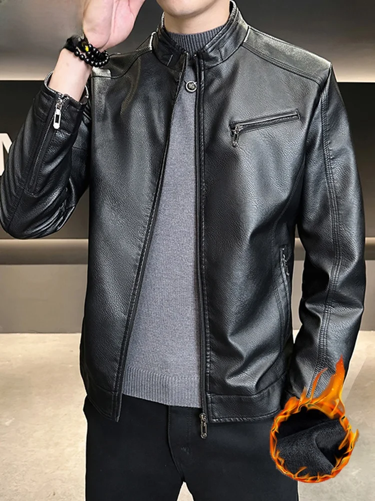 

Высококачественная мужская куртка из натуральной овчины с воротником-стойкой, на флисовой подкладке, повседневная, деловая, с длинными рукавами, на молнии