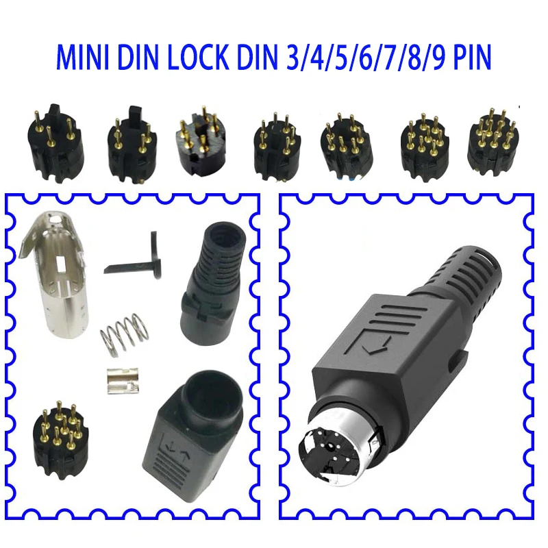 1set Mini DIN LOCK DIN 3Pin 4Pin 5Pin 6Pin 7Pin 8Pin 9Pin Male Plug Adaptor Assemble Welded Type Self-locking Assembly Connector