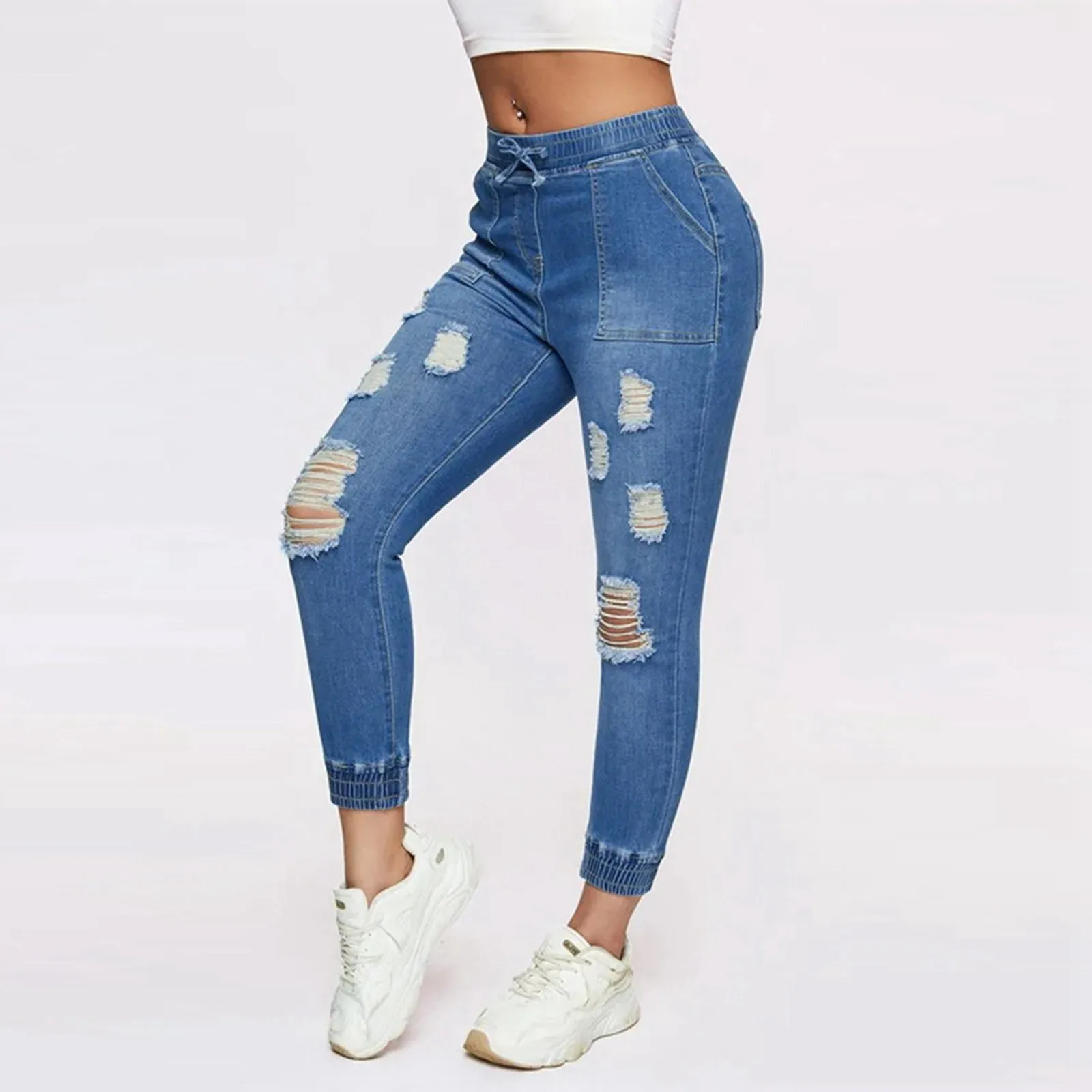 

Hot Sale Women Fashion Ripped Skinny Jeans High Wais Stretch Slim Fit Denim Pencil Pants Lady Stretch Casual Trouser