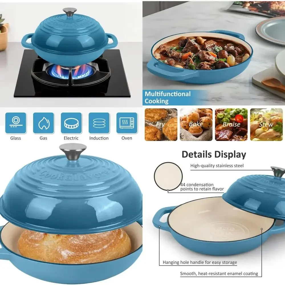 

Enameled Cast Iron Dutch Oven - 5QT Non-Stick Oval for Bread Baking: Ideal for Sourdough, Loaves, Artisan (Round Blue)