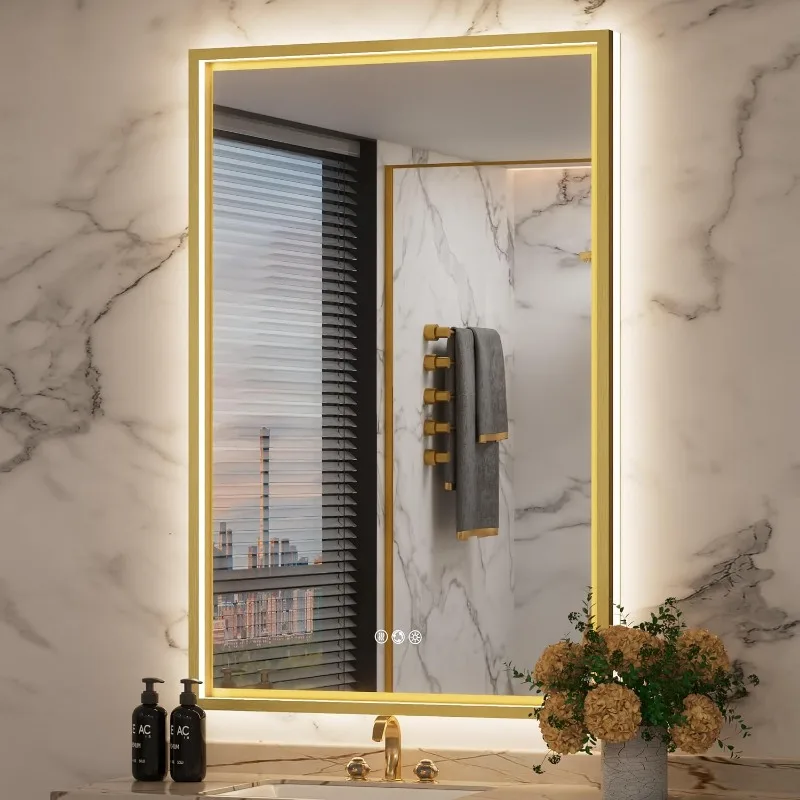 LED Bathroom Mirror, 24x36 Inch Frontlit & Backlit Gold Framed Vanity Mirror with Lights,3 Colors Temperature Dimmable Anti