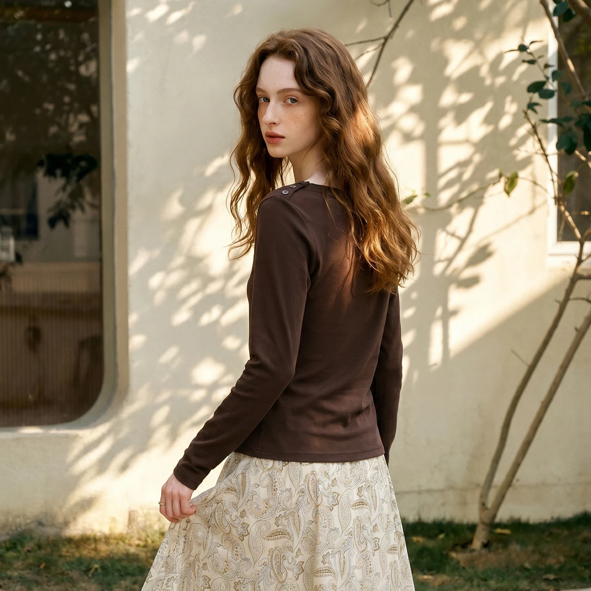 OLrain Women Long Sleeve Shirts French Style Round Neck 2026 Autumn Side Slit Hem Casual Office Commuter Knit Blouse O58QT008568