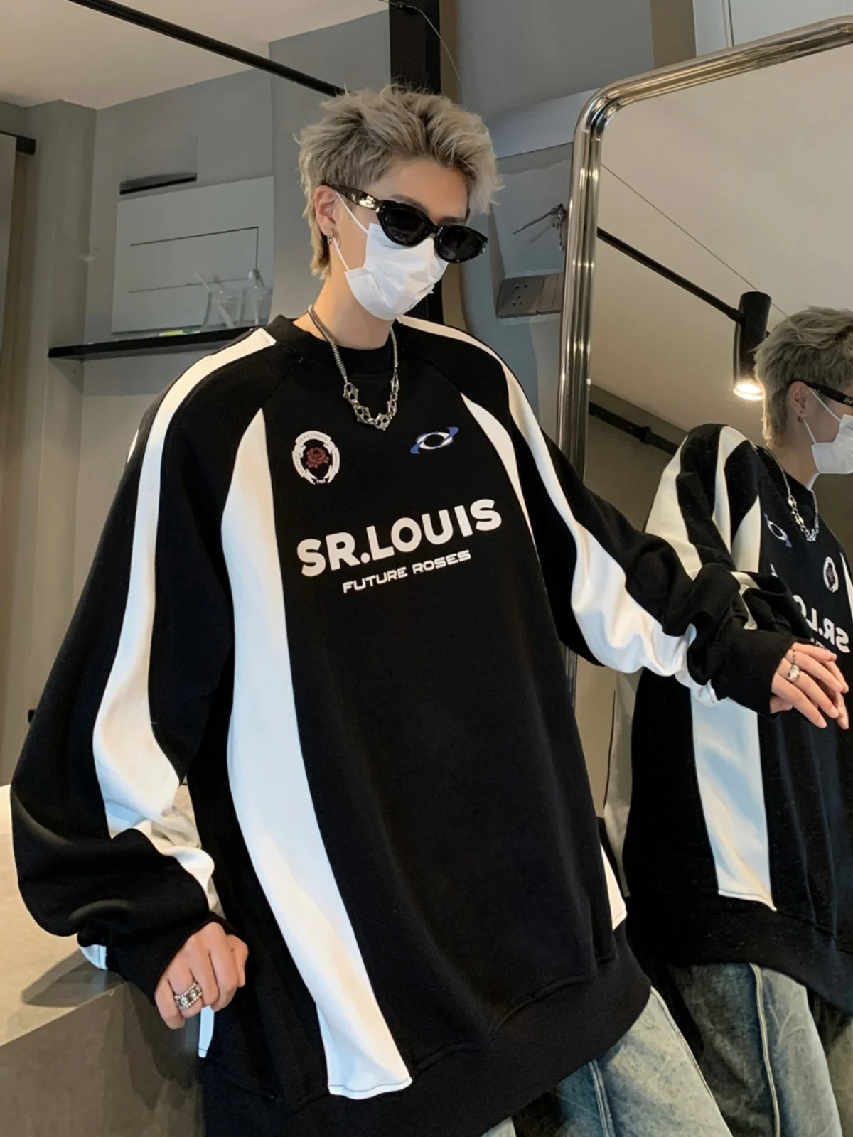 

Retro Patchwork Color Blo Moto Racing Jaet Men's Casual Sweatirt Loose Fit Street Sle Spring Autumn High Street Trend