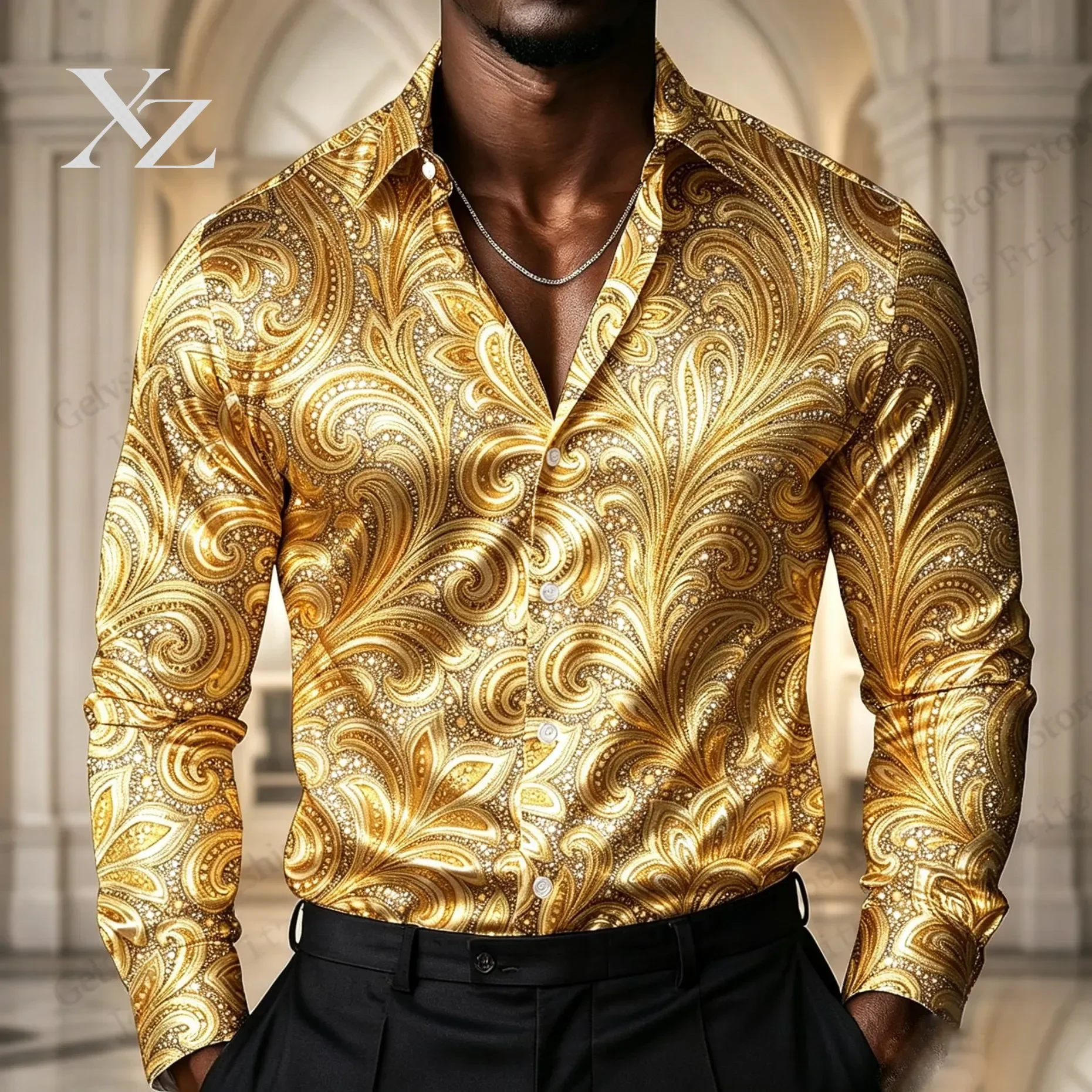 Men's Paisley Ethnic Flower Long Sleeve Shirt Golden 3d Print Shirt Men Fashion Comfortable Single-breasted Blouse Men clothing