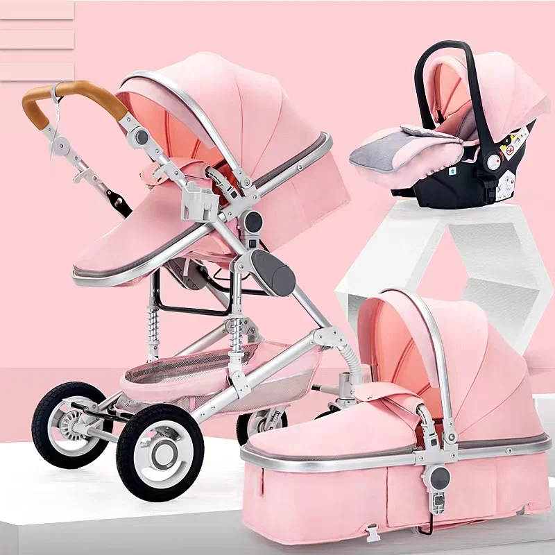 

baby stroller 3 in 1 with car seat,Luxury Multifunctional BABY carriage,pink Folding baby stroller,High Landscape newborn car