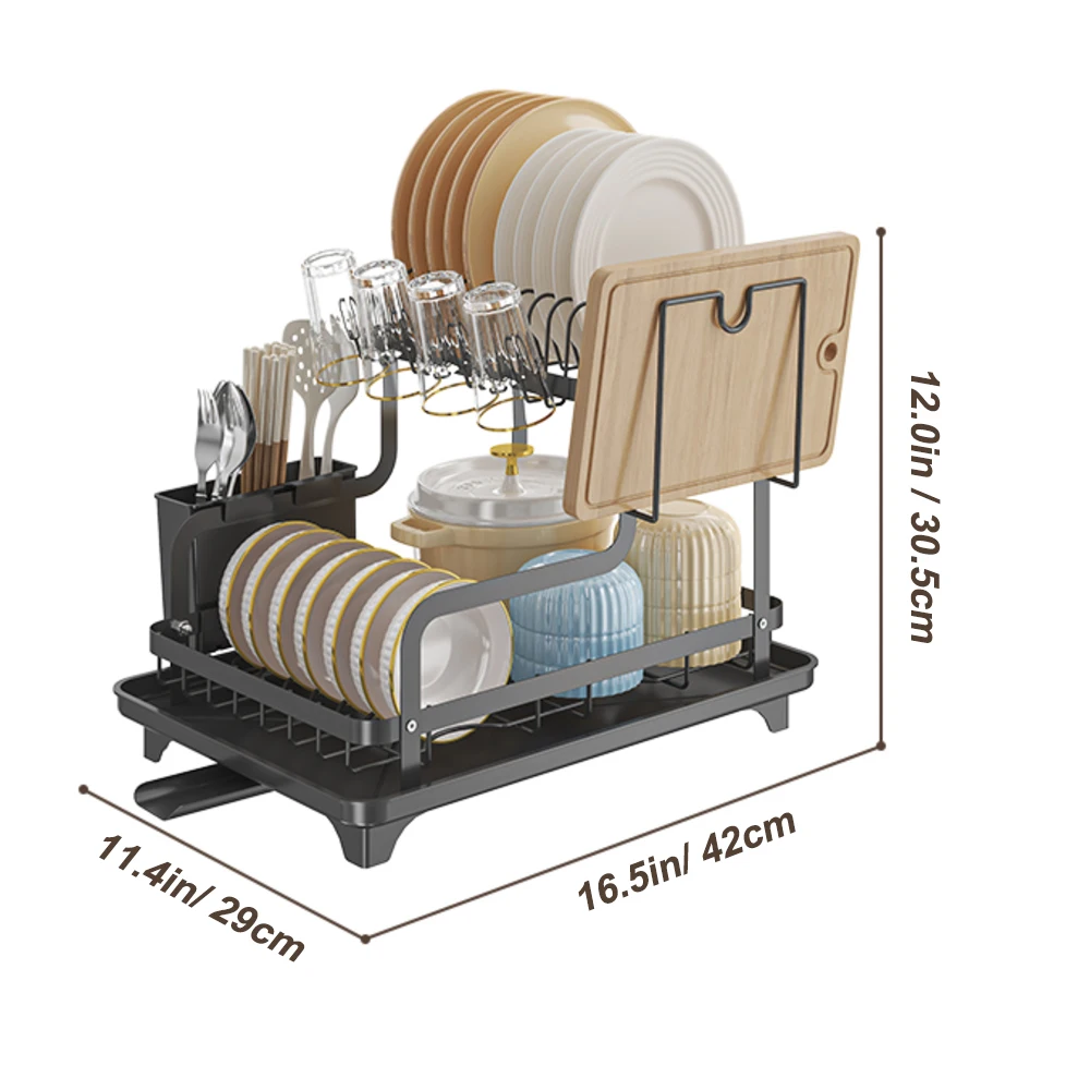 

Customizable Ociekacz na naczynia, 2-poziomowy ociekacz nad zlew, duża pojemność z ociekaczem i uchwytem na sztućce,