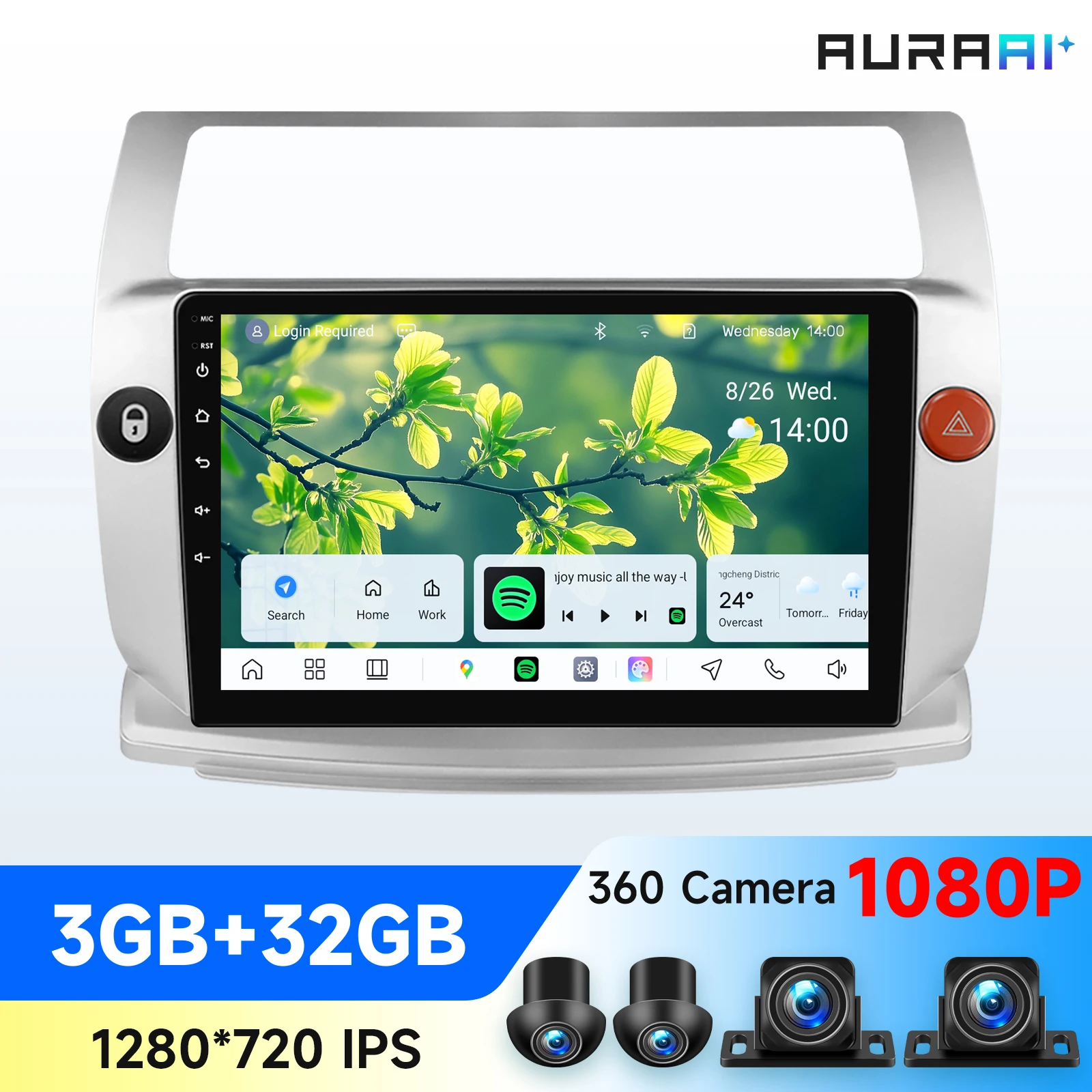 Autoradio Android AURAAI pour Citroën C4 C-Triomphe C-Quatre 2004-2009, Carplay sans fil, écran tactile intelligent, multimédia 8 cœurs, caméra 360°, GPS automatique