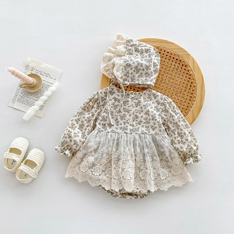 MILANCEL 2pcs Newborn Baby Girls Clothes Lace Bodysuit Dress Girls Floral Bodysuit Lace One Piece With Hat Outfits