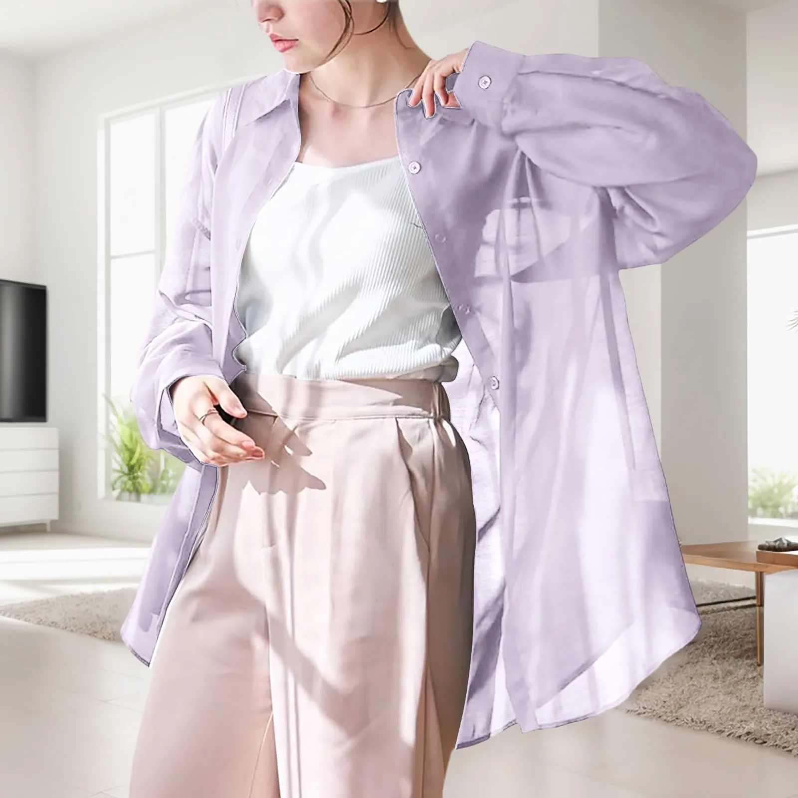 Summer Women\'s Shirt Light Thin Breathable Ice Silk Long Sleeve Sun Protection Shirt Solid Color Casual Loose Drape Blouse Shirt