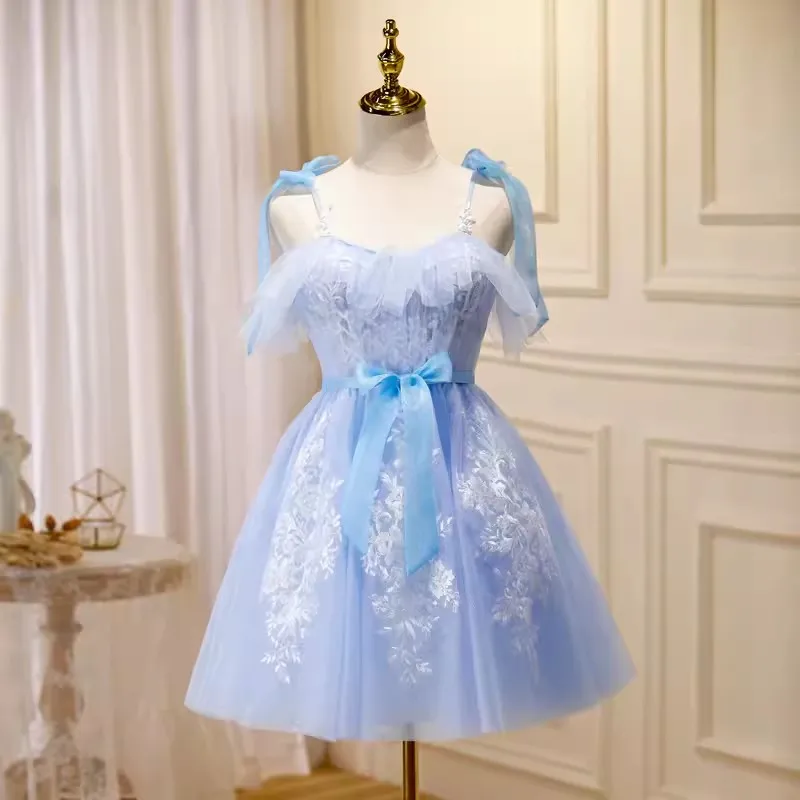 Real Picture Sky Blue Princess Girl Prom Dresses Short Spaghetti Strap Lace Applique Sexy Mini Cocktail Party Dress Homecoming